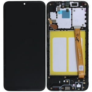 Ekranas Samsung A202 A20e su lietimui jautriu stikliuku ir rėmeliu originalus Black (service pack)