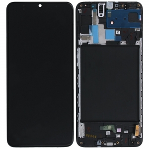 Ekranas Samsung A705 A70 su lietimui jautriu stikliuku su rėmeliu juodas (real size) OLED