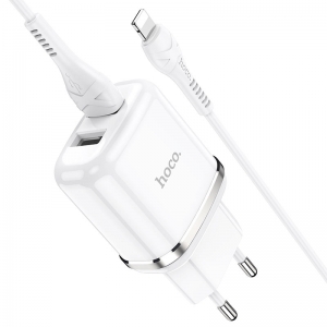 Įkroviklis buitinis Hoco N4 su dviem USB jungtimis + Lightning (2.4A) baltas