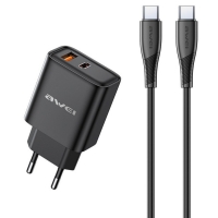 Įkroviklis Awei PD81C-EU 22.5W USB-A / USB-C + USB-C to USB-C cable 1.0m juodas