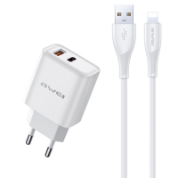 Įkroviklis Awei PD81L-EU 22.5W USB-A / USB-C + USB to Lightning cable 1.0m baltas