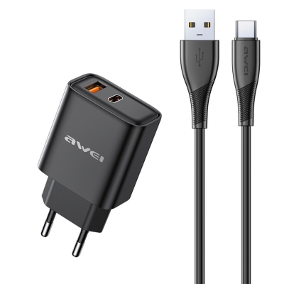 Įkroviklis Awei PD81T-EU 22.5W USB-A / USB-C + USB-A to USB-C cable 1.0m juodas