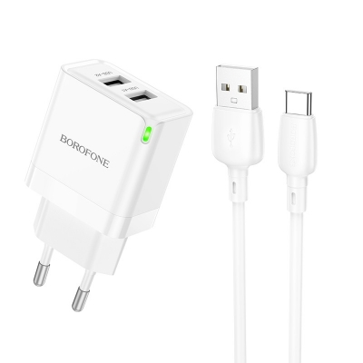 Įkroviklis Borofone BN15 2xUSB-A + USB-A to USB-C cable 1.0m baltas Įkroviklis Borofone BN15 2xUSB-A + USB-A to USB-C cable 1.0m baltas