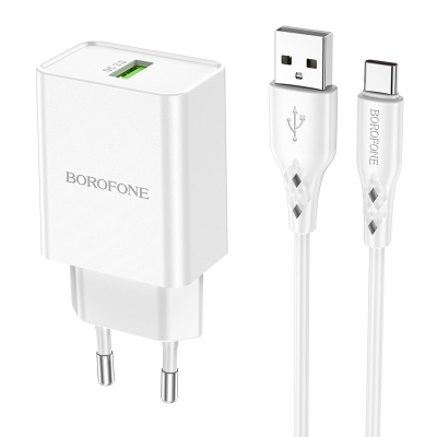 Įkroviklis Borofone BN5 18W USB-A + USB-A to USB-C cable 1.0m baltas Įkroviklis Borofone BN5 18W USB-A + USB-A to USB-C cable 1.0m baltas