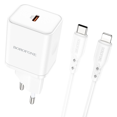 Įkroviklis Borofone BN6 Type-C PD+QC3.0 20W + Lightning, baltas Įkroviklis Borofone BN6 Type-C PD+QC3.0 20W + Lightning, baltas