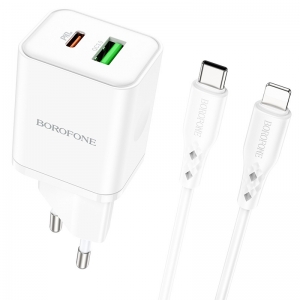 Įkroviklis Borofone BN7 20W USB-C / USB-A + USB-C to Lightning cable 1.0m baltas