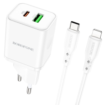 Įkroviklis Borofone BN7 20W USB-C / USB-A + USB-C to Lightning cable 1.0m baltas Įkroviklis Borofone BN7 20W USB-C / USB-A + USB-C to Lightning cable 1.0m baltas