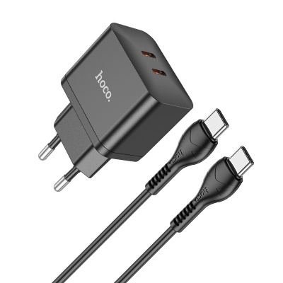 Įkroviklis Hoco N29 35W 2xUSB-C + USB-C to USB-C cable 1.0m juodas Įkroviklis Hoco N29 35W 2xUSB-C + USB-C to USB-C cable 1.0m juodas