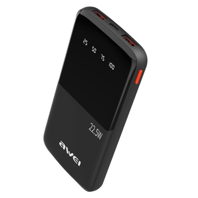Išorinė baterija Power Bank Awei P10K 22.5W 10000mAh juoda Išorinė baterija Power Bank Awei P10K 22.5W 10000mAh juoda