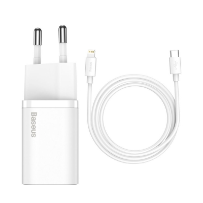 Įkroviklis Baseus Super Si 20W USB-C + USB-C to Lightning cable 1.0m baltas TZCCSUP-B02 Įkroviklis Baseus Super Si 20W USB-C + USB-C to Lightning cable 1.0m baltas TZCCSUP-B02