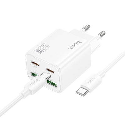 Įkroviklis Hoco N56 2xUSB-C / 2xUSB-A PD30W + USB-C to USB-C cable 1.0m baltas Įkroviklis Hoco N56 2xUSB-C / 2xUSB-A PD30W + USB-C to USB-C cable 1.0m baltas
