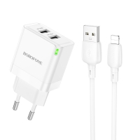 Įkroviklis Borofone BN15 10.5W 2xUSB-A + USB-A to Lightning cable 1.0m baltas