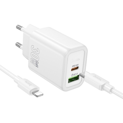 Įkroviklis Hoco N63 30W GaN USB-C / USB-A + USB-C to Lightning cable 1.0m baltas Įkroviklis Hoco N63 30W GaN USB-C / USB-A + USB-C to Lightning cable 1.0m baltas