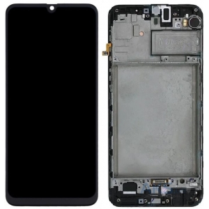 Ekranas Samsung M217 / M315 M21s / M31 2020 su lietimui jautriu ir rėmeliu stikliuku Black originalus (service pack)