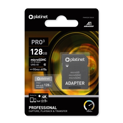 Atminties korta Platinet MicroSD 128GB (class10 UHS-III 90MB / S) + SD Adapteris Atminties korta Platinet MicroSD 128GB (class10 UHS-III 90MB / S) + SD Adapteris