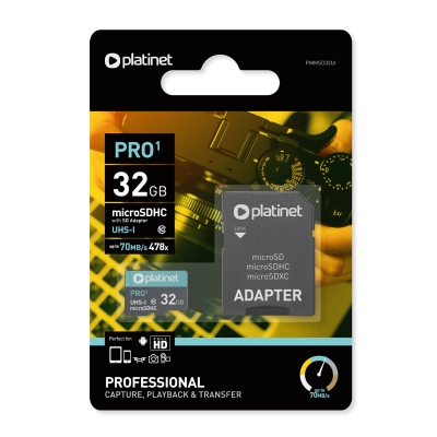 Atminties korta Platinet MicroSD 32GB (class10 UHS-III 90MB / s) + SD Adapteris Atminties korta Platinet MicroSD 32GB (class10 UHS-III 90MB / s) + SD Adapteris