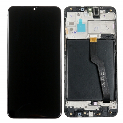 Ekranas Samsung A105 A10 Dual SIM su lietimui jautriu stikliuku ir rėmeliu Black originalus Ekranas Samsung A105 A10 Dual SIM su lietimui jautriu stikliuku ir rėmeliu Black originalus