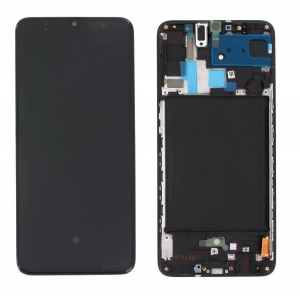 Ekranas Samsung A705 A70 2019 su lietimui jautriu stikliuku ir rėmeliu Black OLED (real size)