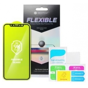 LCD apsauginis stikliukas Bestsuit Flexible Hybrid Glass 5D Samsung A556 A55 5G pritaikytas dėklui juodas
