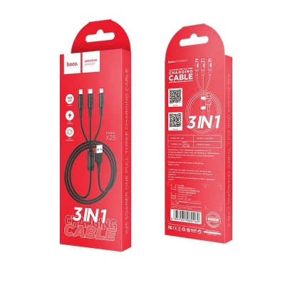 USB kabelis HOCO (X25) 3in1 lightning+micro+type-C juodas 1m USB kabelis HOCO (X25) 3in1 lightning+micro+type-C juodas 1m