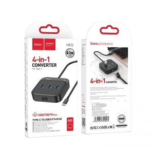 USB-C šakotuvas Hoco (HB35) (3xUSB 3.0; 1xRJ45) juodas