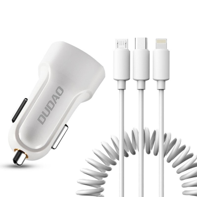 Įkroviklis automobilinis Dudao R7 (2xUSB; 2.4A) + 3in1 laidas lightning+micro+type-C baltas Įkroviklis automobilinis Dudao R7 (2xUSB; 2.4A) + 3in1 laidas lightning+micro+type-C baltas