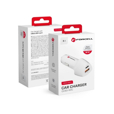 Įkroviklis automobilinis Forcell (CC50-1A1C) (1xUSB-C; 1xUSB; 5A 38W) baltas Įkroviklis automobilinis Forcell (CC50-1A1C) (1xUSB-C; 1xUSB; 5A 38W) baltas