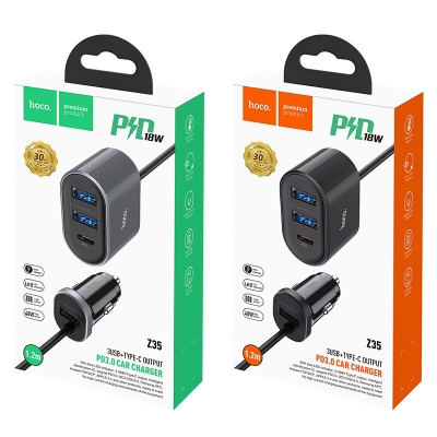 Įkroviklis automobilinis HOCO Z35 Quick Charge 18W (2xUSB 1xType-C 3A) juodas Įkroviklis automobilinis HOCO Z35 Quick Charge 18W (2xUSB 1xType-C 3A) juodas