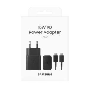 Įkroviklis originalus Samsung Fast Charging (Type-C) (EP-T1510XBEGEU) (15W) juodas + USB-C laidas su įpakavimu