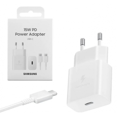 Įkroviklis originalus Samsung Fast Charging (Type-C) (EP-T1510XWEGEU) (15W) baltas + USB-C laidas su įpakavimu Įkroviklis originalus Samsung Fast Charging (Type-C) (EP-T1510XWEGEU) (15W) baltas + USB-C laidas su įpakavimu