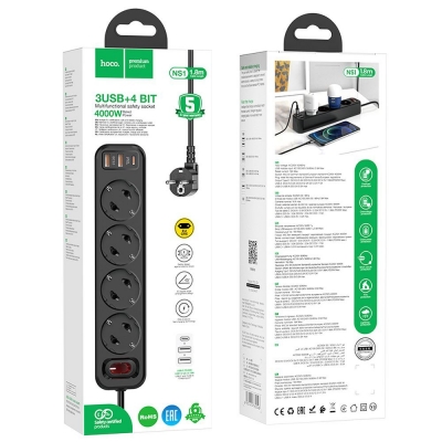 Įkroviklis-prailgintuvas HOCO NS1 (2xUSB; 1xUSB-C; 4xEU socket; 3A 20W) juodas Įkroviklis-prailgintuvas HOCO NS1 (2xUSB; 1xUSB-C; 4xEU socket; 3A 20W) juodas
