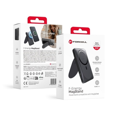 Išorinė baterija POWER BANK Forcell F-ENERGY (F10K2) 10000mAh su belaidžiu įkrovikliu (Magsafe 20W) juoda