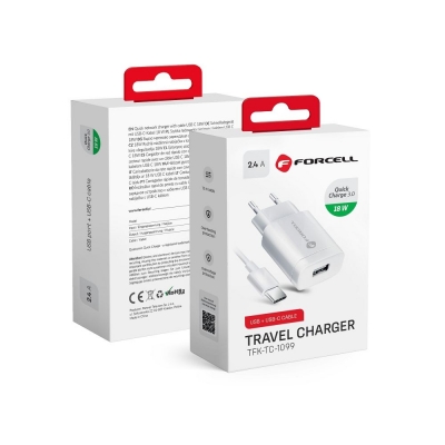 Įkroviklis Forcell + type-C kabelis (1xUSB 2.4A 18W) baltas Įkroviklis Forcell + type-C kabelis (1xUSB 2.4A 18W) baltas