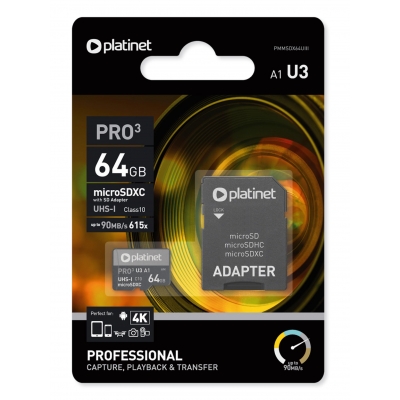 Atminties korta Platinet MicroSD 64GB (class10 UHS-III 90MB / S) + SD Adapteris Atminties korta Platinet MicroSD 64GB (class10 UHS-III 90MB / S) + SD Adapteris
