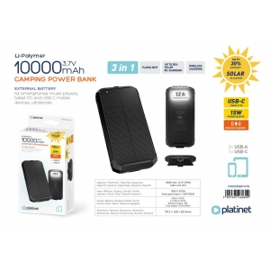Išorinė baterija POWER BANK PLATINET SOLAR 10000mAh (2xUSB; 1xUSB-C; 3A) juoda