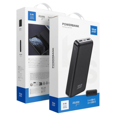 Išorinė baterija POWER BANK Blue Star (W2015) 20000mAh (2xUSB; 1xType-C) juoda