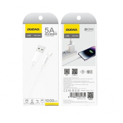 USB kabelis Dudao (L4SL) lightning (2A) baltas (1m)