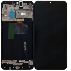 Ekranas Samsung A105 A10 Dual SIM su lietimui jautriu stikliuku ir rėmeliu juodas originalus (service pack)