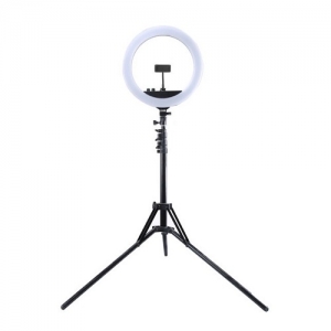 LED žiedinė lempa 34.5cm, su trikoju stovu iki 1.85m, veidrodžiu ir telefono laikikliu, USB