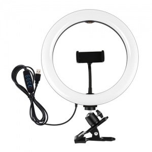 LED žiedinė lempa 26cm, su telefono laikikliu ir spaustuku, USB