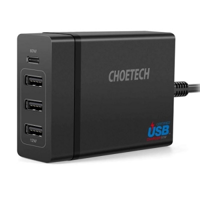 Kroviklis CHOETECH 3x USB Type-A + Type-C: 72W, PD, 1.5m Kroviklis CHOETECH 3x USB Type-A + Type-C: 72W, PD, 1.5m