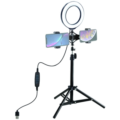 LED žiedinė lempa 16cm, su trikoju stovu iki 70cm ir dvigubu telefono laikikliu, USB LED žiedinė lempa 16cm, su trikoju stovu iki 70cm ir dvigubu telefono laikikliu, USB