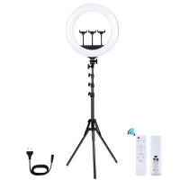 LED žiedinė lempa 46cm, su trikoju stovu iki 1.8m ir 3 telefono laikikliais, USB