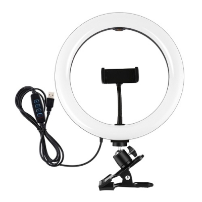 LED žiedinė lempa 26cm, su telefono laikikliu ir spaustuku, USB LED žiedinė lempa 26cm, su telefono laikikliu ir spaustuku, USB