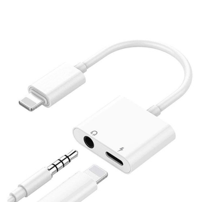 Dvigubas adapteris iPhone Lightning - 3.5 mm ausinėms ir krovikliui Dvigubas adapteris iPhone Lightning - 3.5 mm ausinėms ir krovikliui