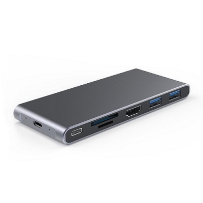 Adapteris USB-C - HDMI, 2x USB 3.0, SD, TF, PD60W + M.2 NGFF SSD dėklas Adapteris USB-C - HDMI, 2x USB 3.0, SD, TF, PD60W + M.2 NGFF SSD dėklas
