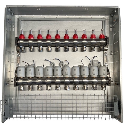 Grindinio šildymo kolektorius 10 kontūrų su terminėmis pavaromis NC AC230V ir debitomačiais Grindinio šildymo kolektorius 10 kontūrų su terminėmis pavaromis NC AC230V ir debitomačiais