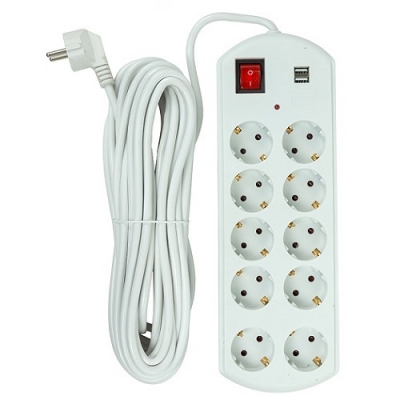 Buitinis ilgiklis 10m, 10 lizdų, 2x USB, su jungikliu Buitinis ilgiklis 10m, 10 lizdų, 2x USB, su jungikliu